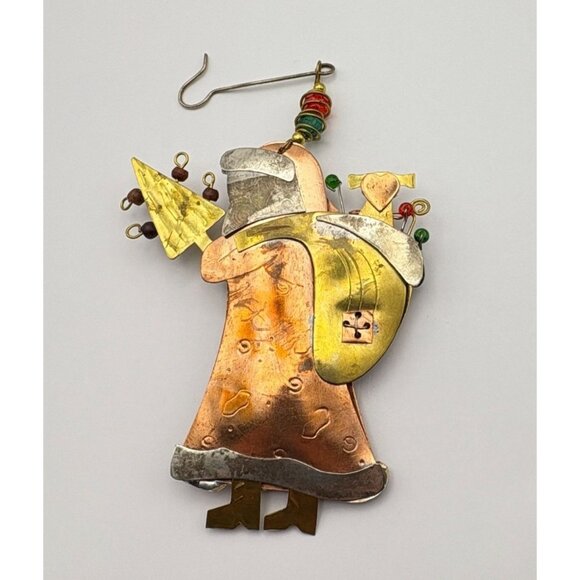 Vintage Santa Claus Christmas Tree Ornament Brass Copper Mixed Metals Folk Art - Picture 2 of 6